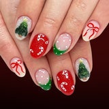 24pcs/Set Green French Polka Dot Candy Canes Press On Nails