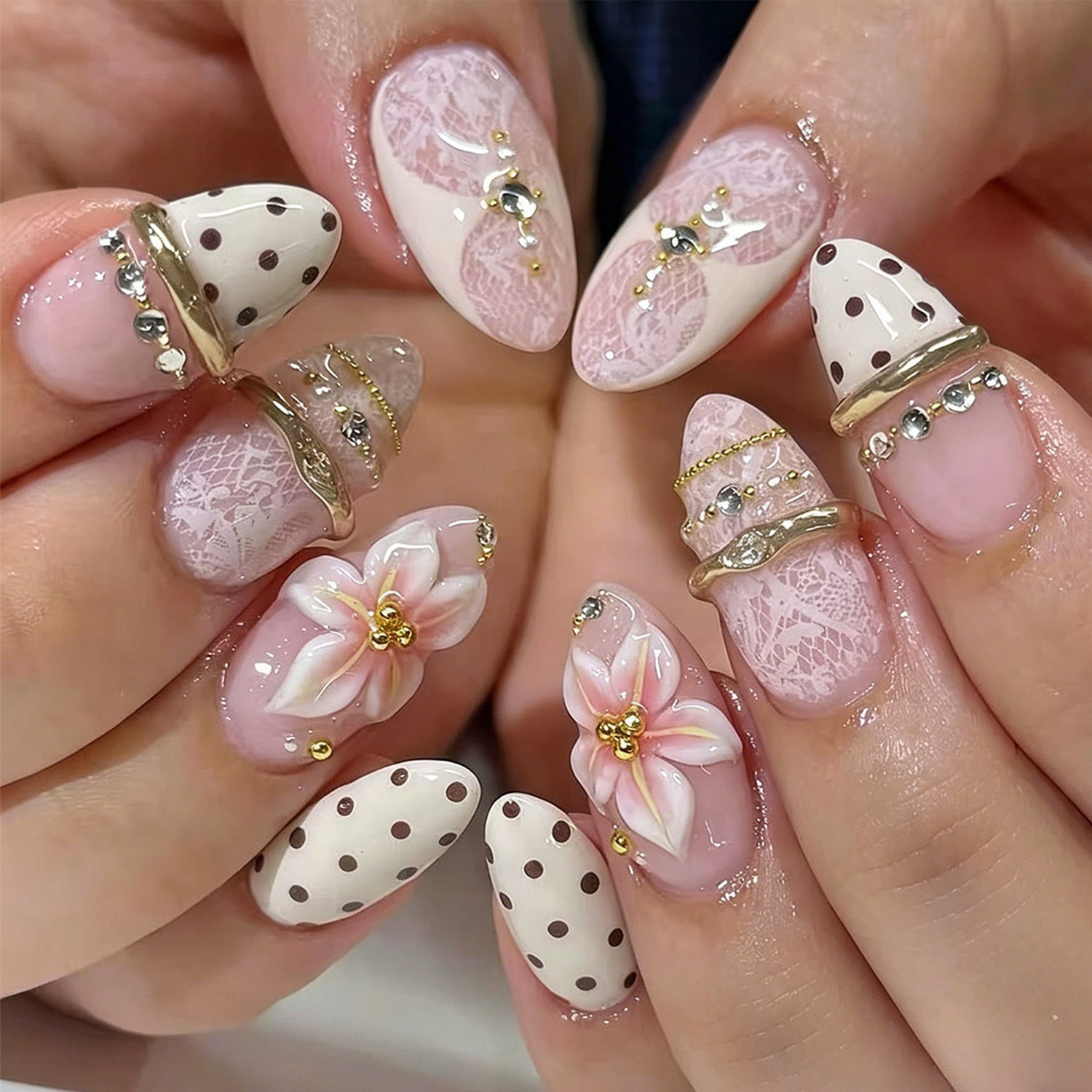 24pcs/Set 3D Floral French Tip with Polka Dots Press On Nails