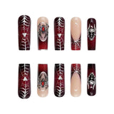 24pcs/Set Burgundy French Tips with 3D Spider Press On Nails