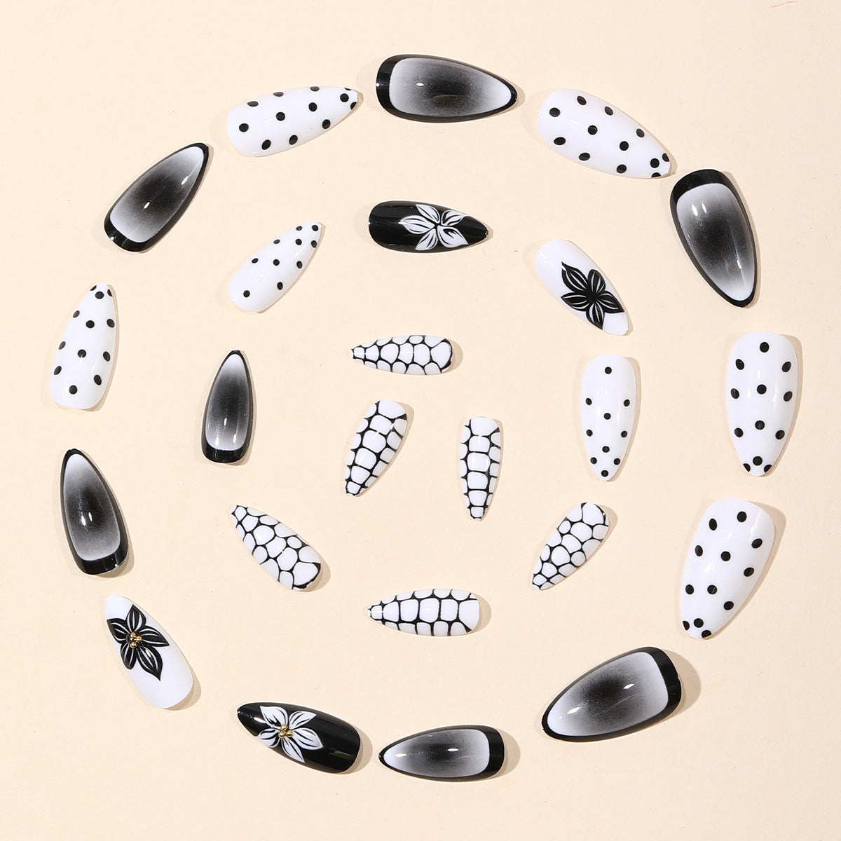 24pcs/Set Black & White Polka Dot Flowers Press On Nail