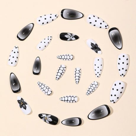 24pcs/Set Black & White Polka Dot Flowers Press On Nail