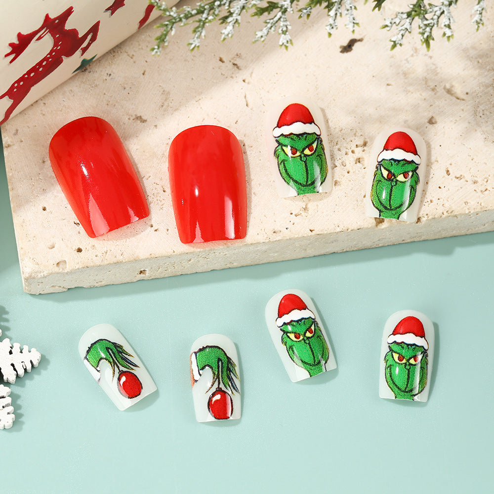 24pcs/Set Short Oval Glitter Grinch Christmas Press-On Nails