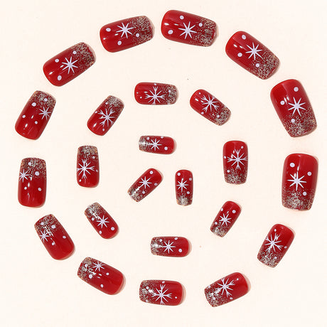 24pcs/Set Red & White Glitter Snowflakes Press On Nails