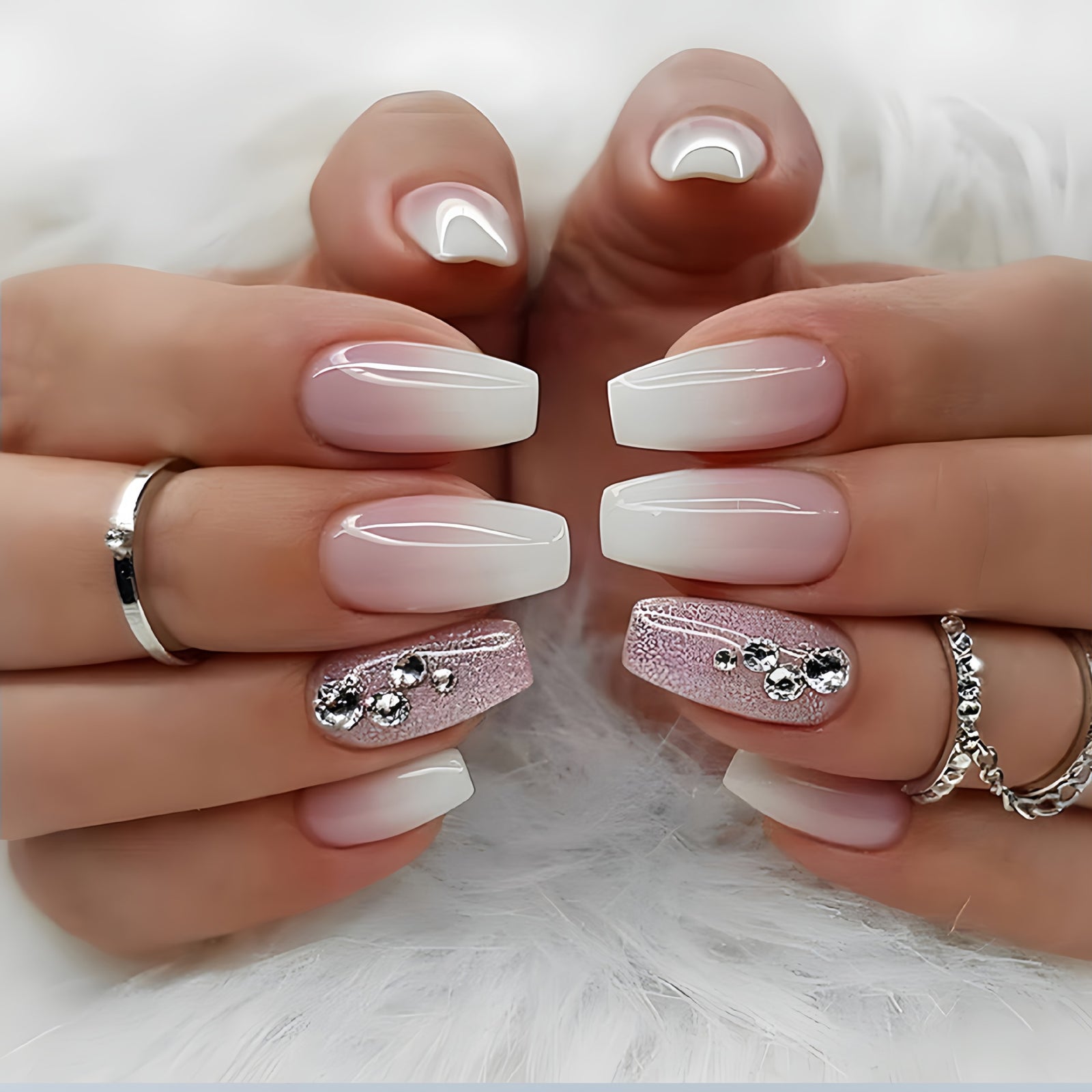 24pcs/Set Glitter Gradient Rhinestone Press-On Nails