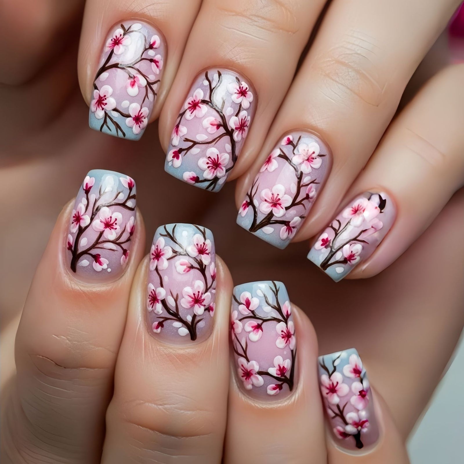 24pcs/Set Cherry Blossom Gradient Branches Press-On Nails