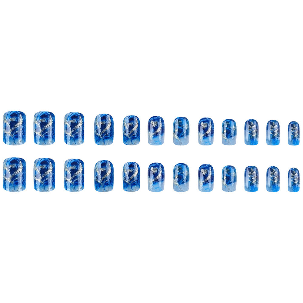 24pcs/Set Glitter Heart Blue Press-On Nails
