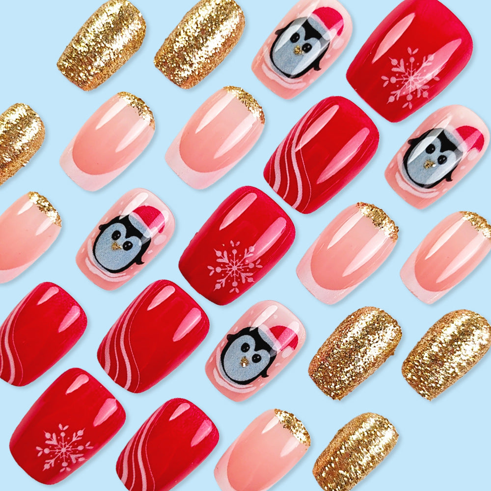 30pcs/Set French Tips with Snowflakes & Penguins Press-On Nails