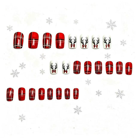 24pcs/Set Red Plaid Reindeer Press-On Nails