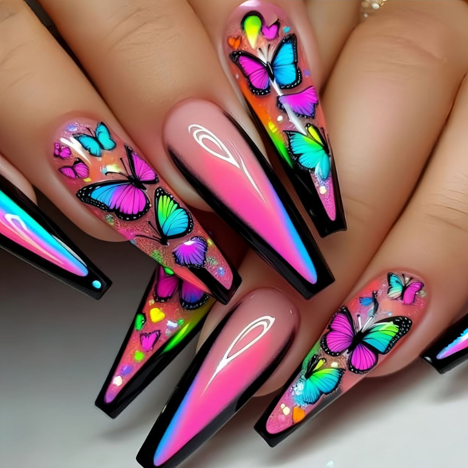24pcs/Set Multicolor Butterfly Ombre Press-On Nails