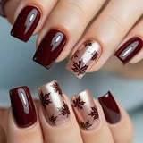24pcs/Set Burgundy Maple Leaves Press On Nails
