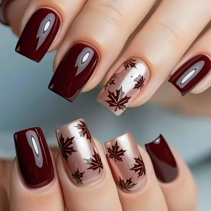 24pcs/Set Burgundy Maple Leaves Press On Nails