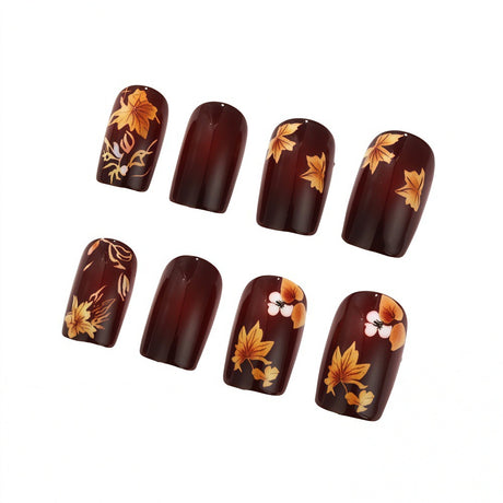 24pcs/Set Burgundy Autumn Maple Leaves Press On Nails