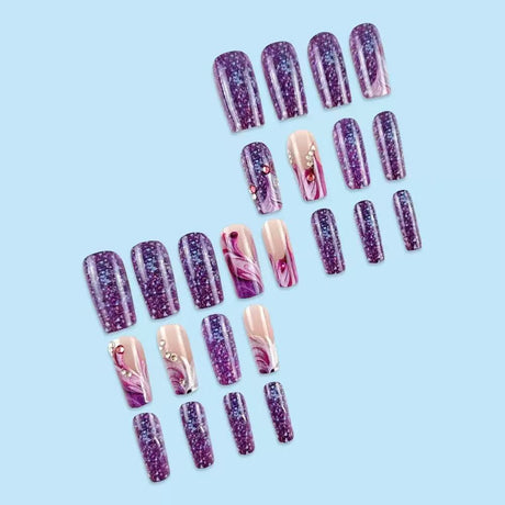 24pcs/Set Purple Gradient Feather Rhinestone Press-On Nails
