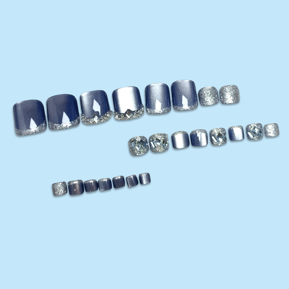 24pcs/Set Deep Blue Cat Eye with Rhinestones Press On Toe Nails