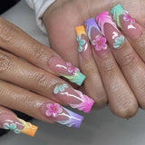 24pcs/Set Colorful Ombre French Tip 3D Flower Press-On Nails