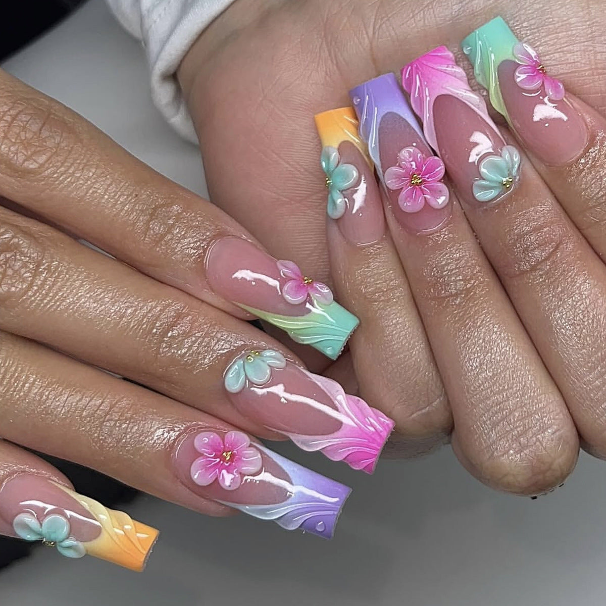 24pcs/Set Colorful Ombre French Tip 3D Flower Press-On Nails