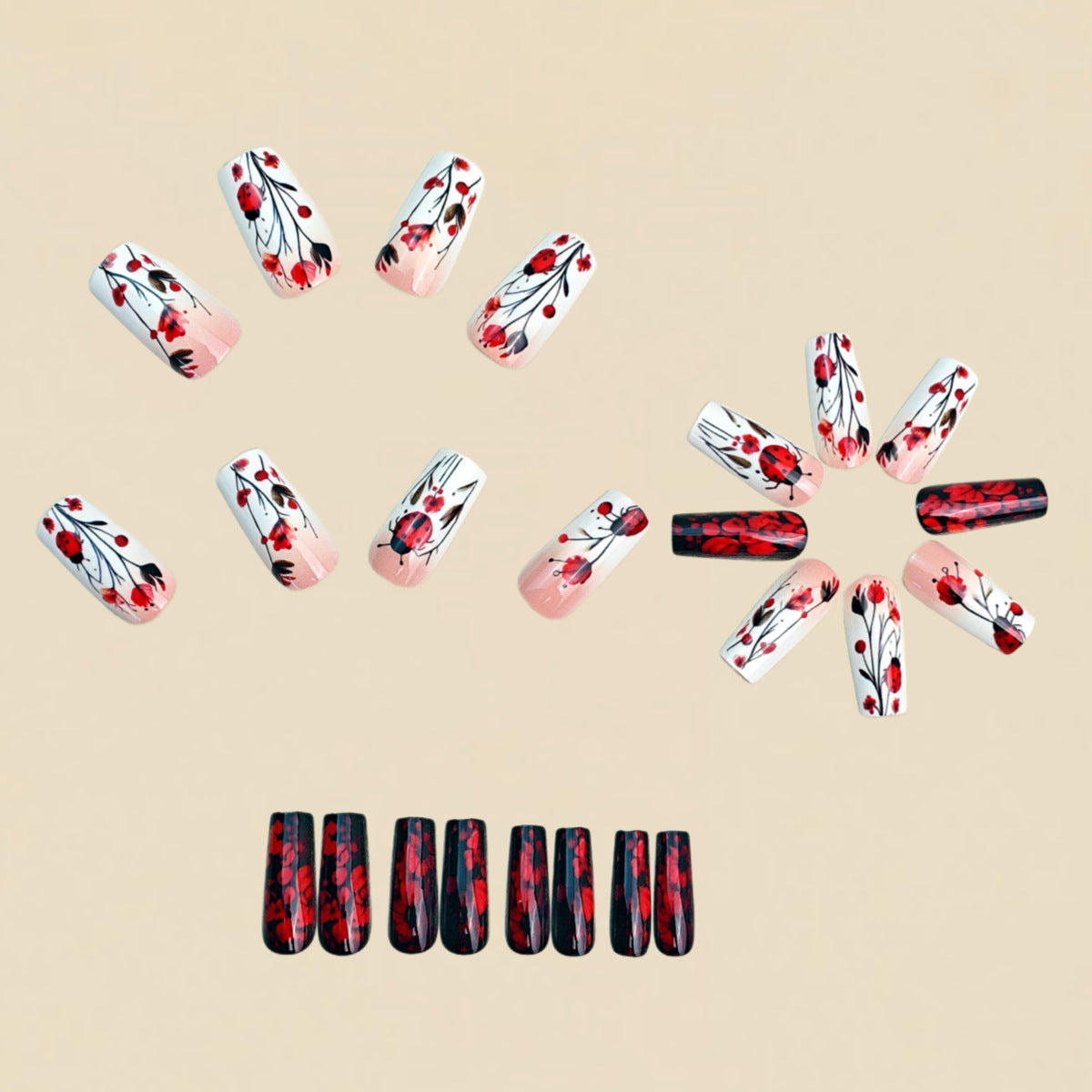 24pcs/Set Red Ladybug Floral Press-On Nails
