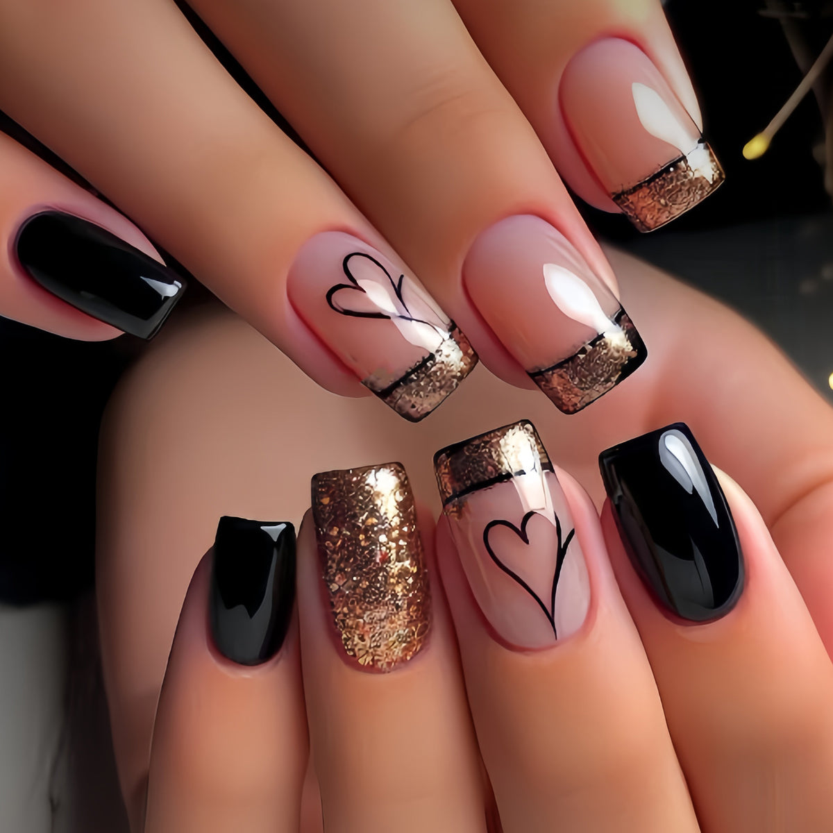 24pcs/Set Black Heart French Press On Nails