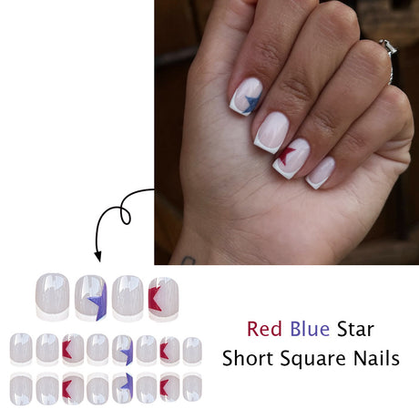 24pcs/Set White French Short Square with Five-Pointed Star Press-On Nails