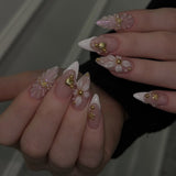 24pcs/Set 3D Flower French Tip White Press-On Nails