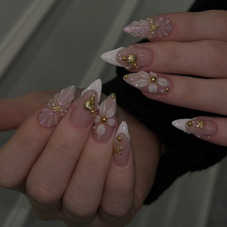 24pcs/Set 3D Flower French Tip White Press-On Nails
