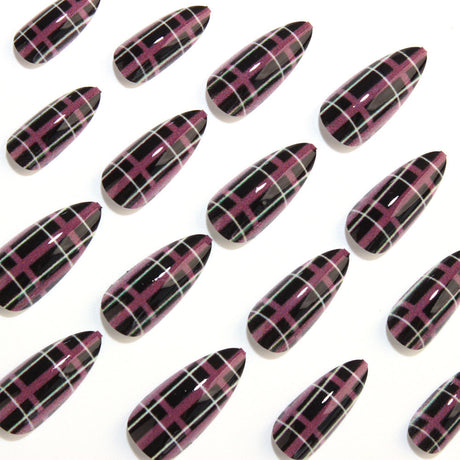 24pcs/Set Black & Pink Plaid Press On Nails