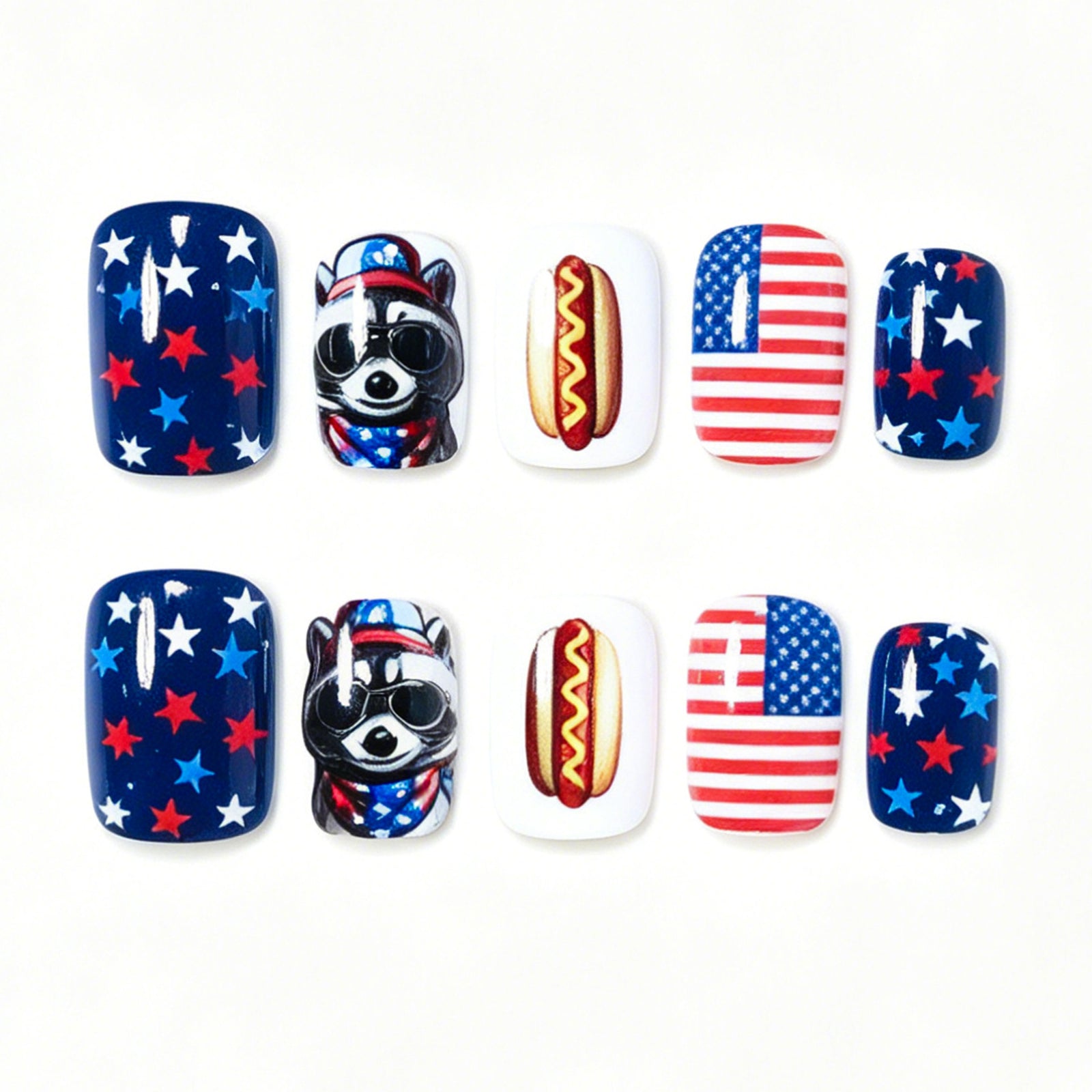 24pcs/Set Raccoon, Hot Dog, Blue & Red Stars Press-On Nails
