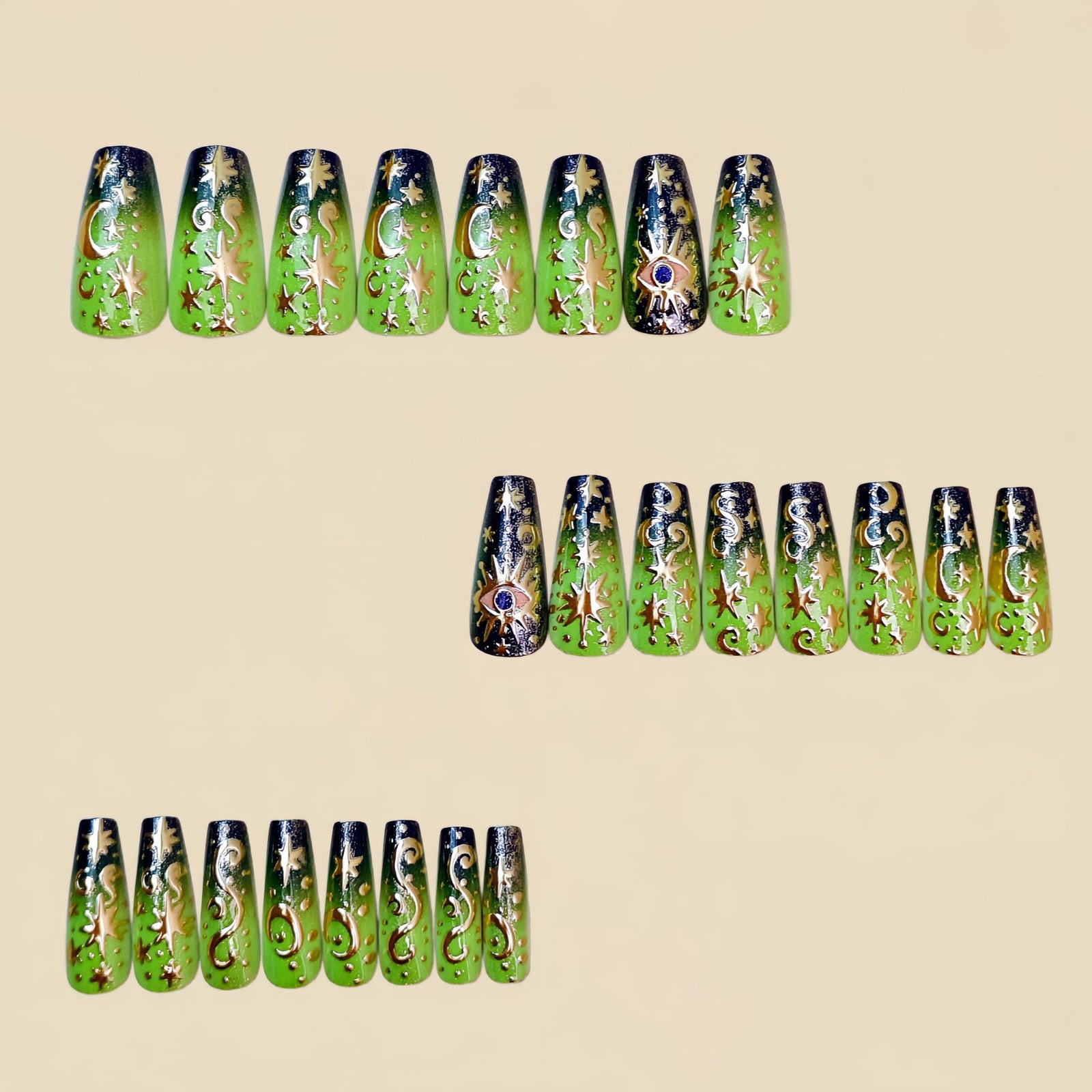 24pcs/Set Green Gradient Stars & Moon Press-On Nails