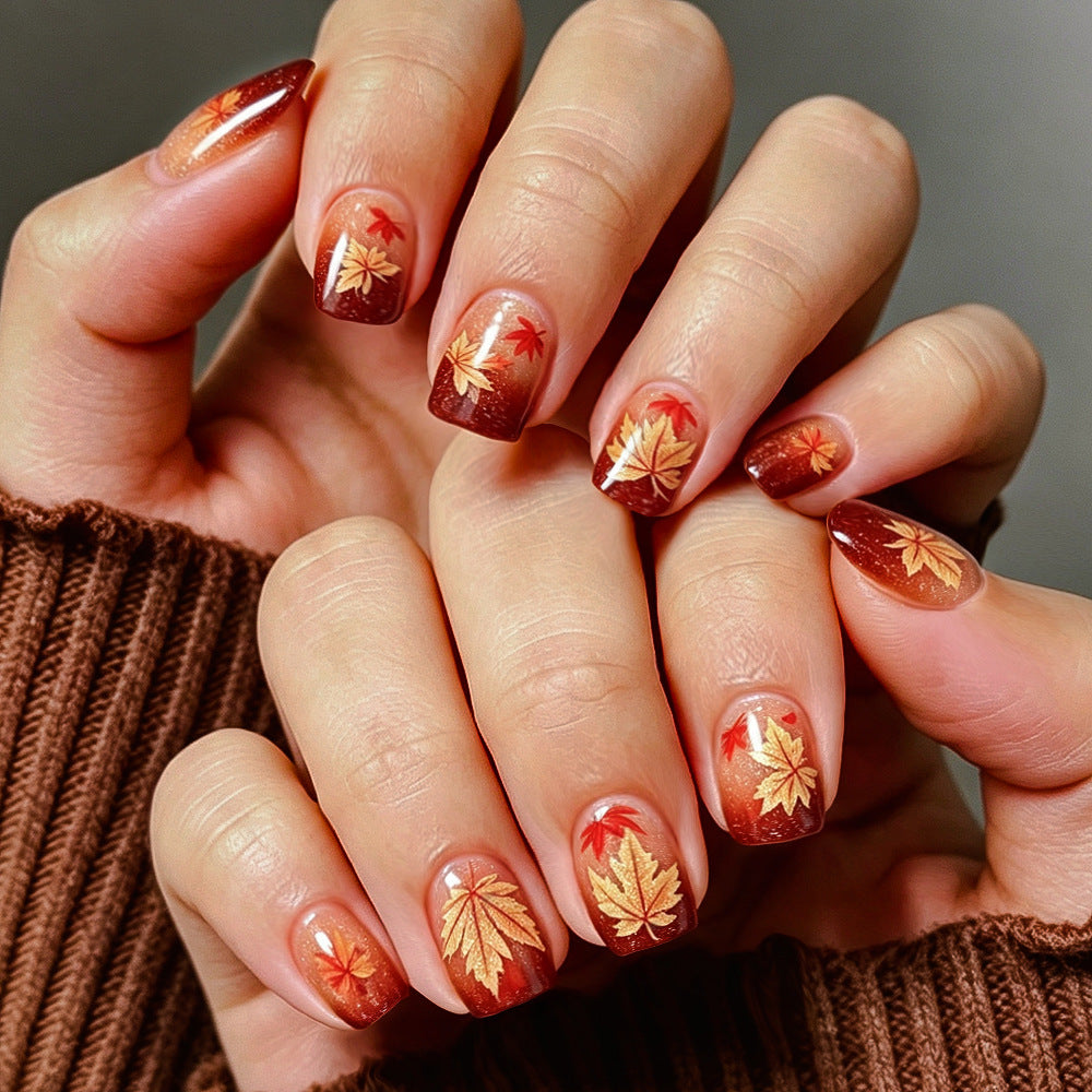 24pcs/Set Glitter Maple Leaf Pattern Press-On Nails