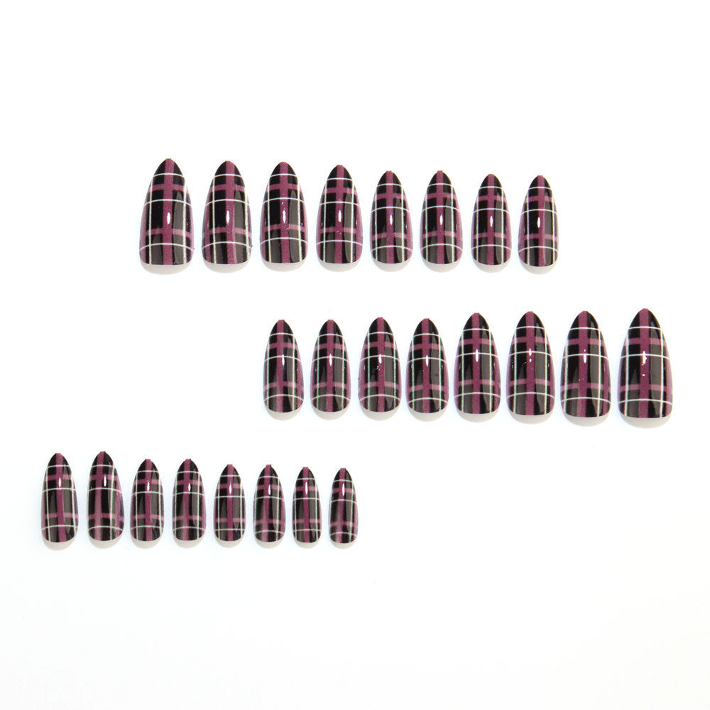 24pcs/Set Black & Pink Plaid Press On Nails