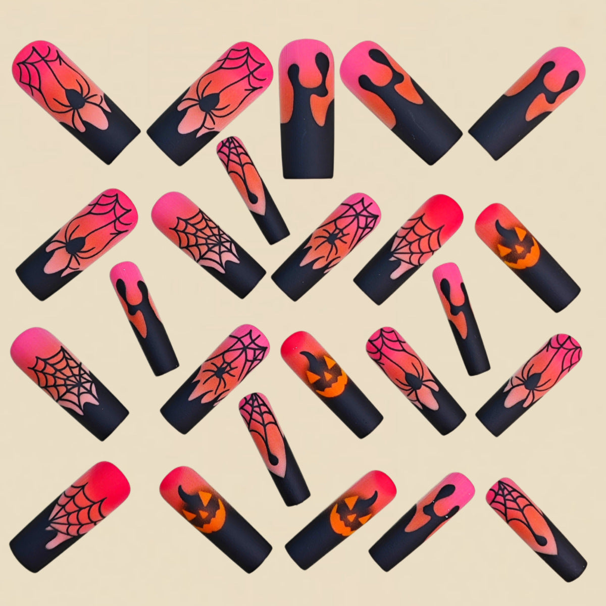 24pcs/Set Black & Pink Ombre Pumpkin Spider Press On Nails