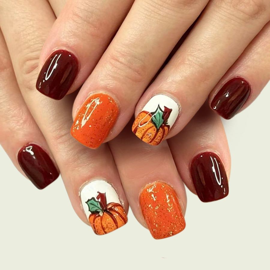24pcs/Set Burgundy & Orange Pumpkin Press On Nails