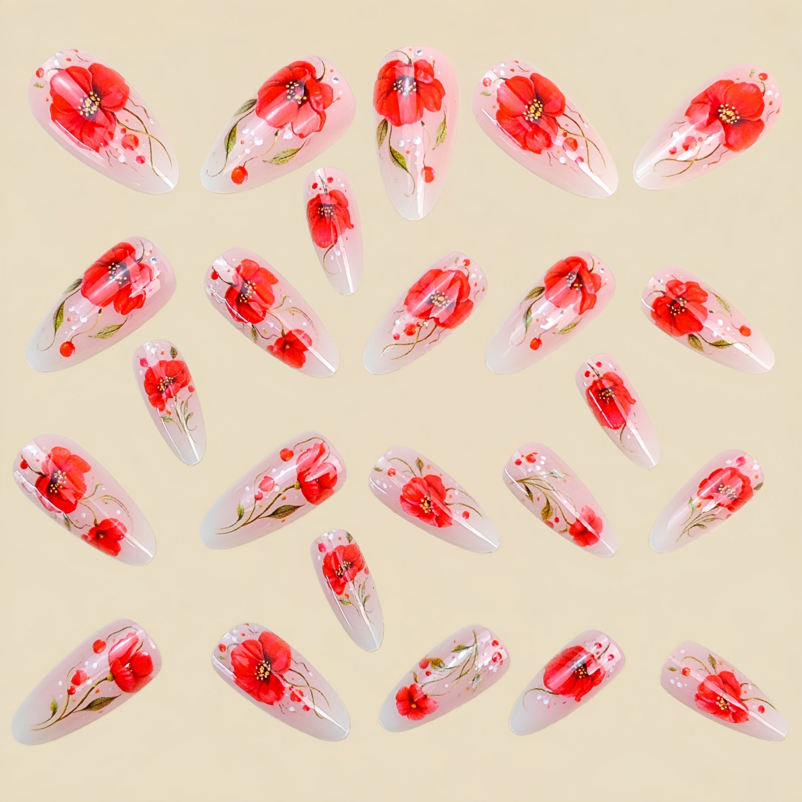 24pcs/Set Poppy Print Press-On Nails
