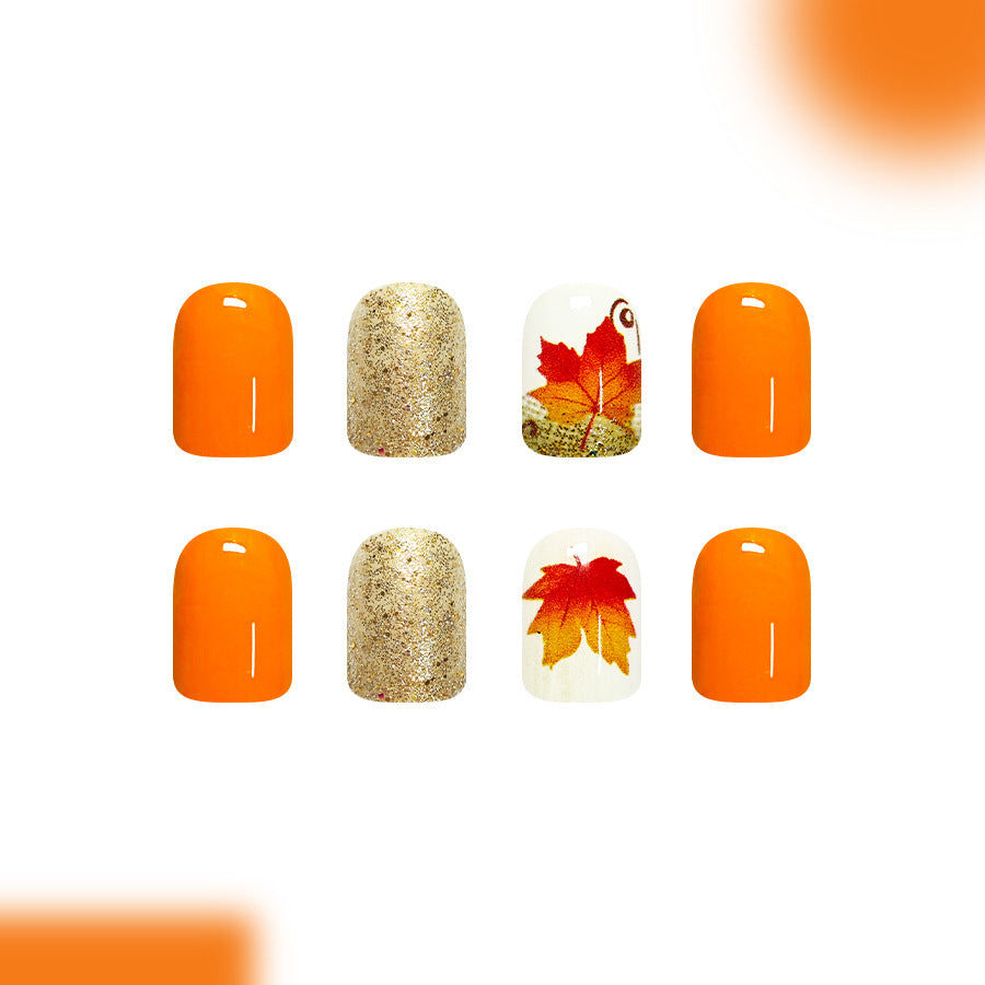 24pcs/Set Orange-Brown Pumpkin & Maple Leaves Press On Nails