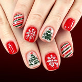 24pcs/Set Red, Green & White Striped Snowflakes Press On Nails