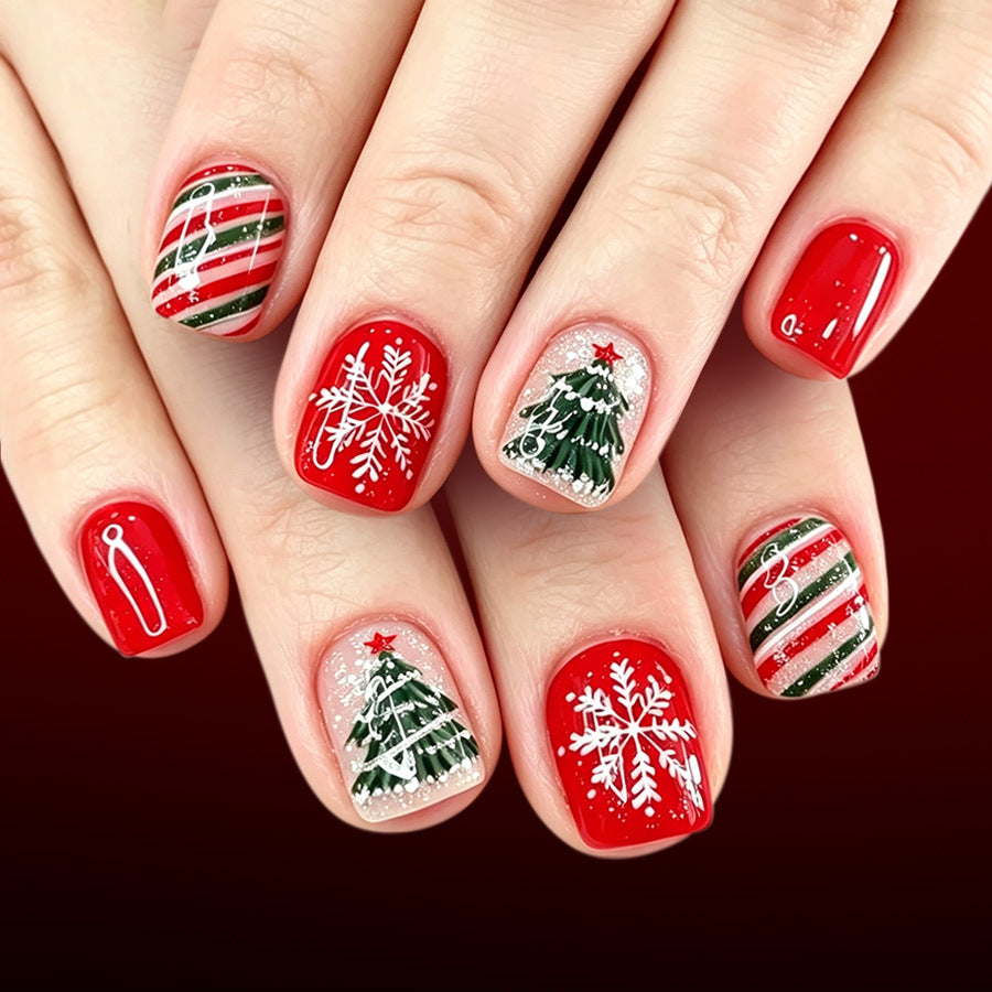 24pcs/Set Red, Green & White Striped Snowflakes Press On Nails