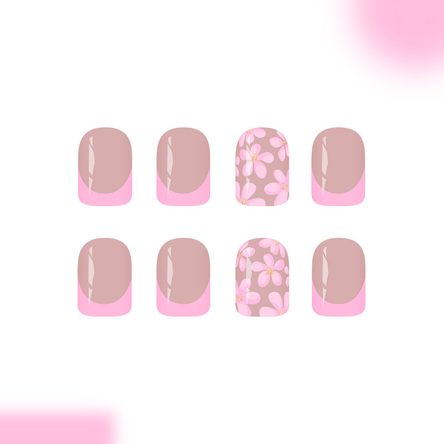 24pcs/Set Pink Floral French Tip Press On Nails