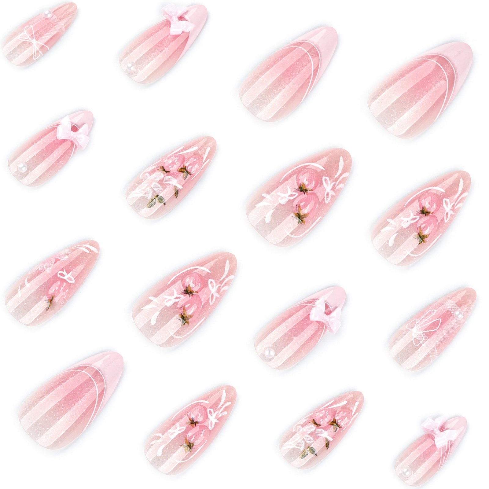 24pcs/Set Pink Floral French Press On Nails