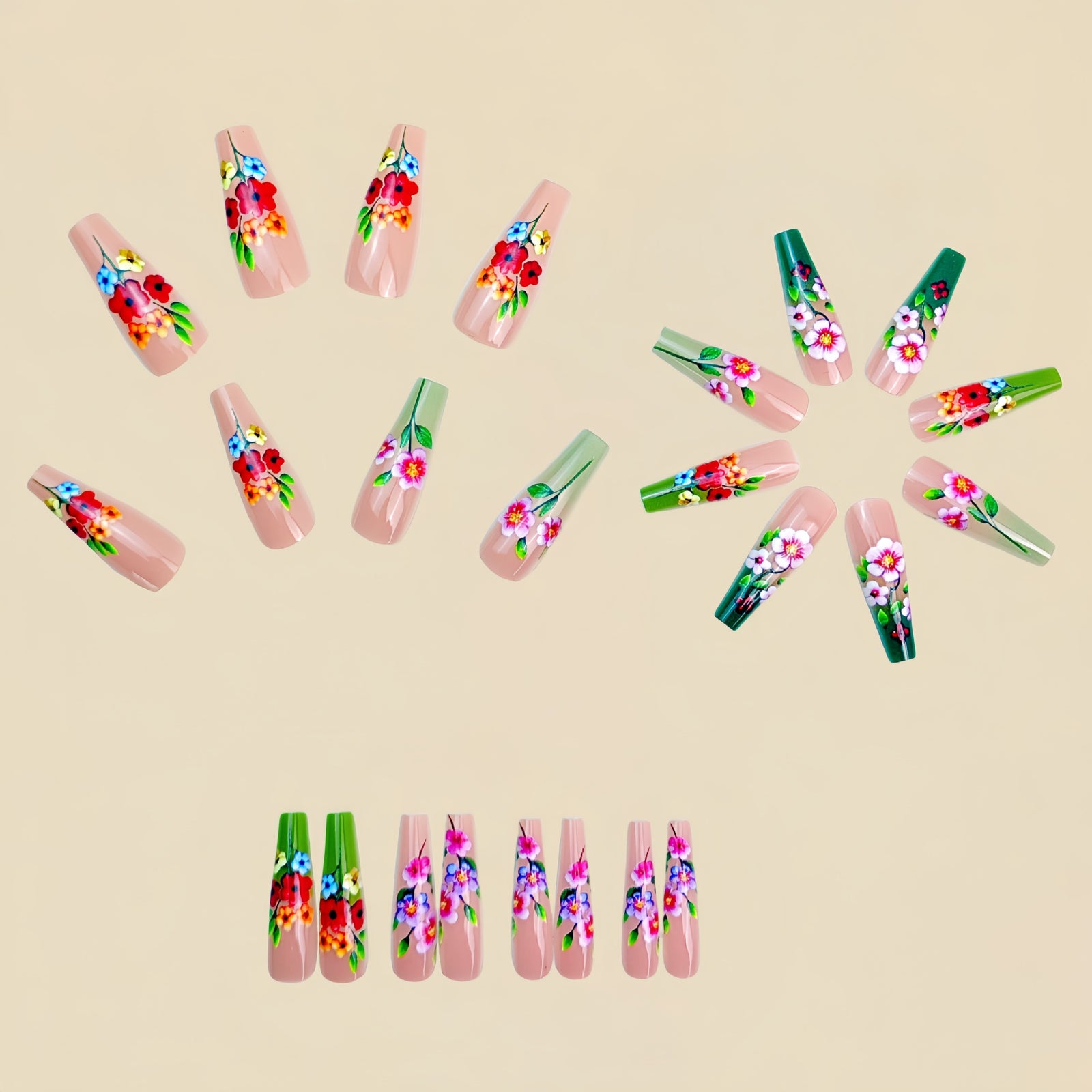 24pcs/Set Green Botanical Floral Press-On Nails