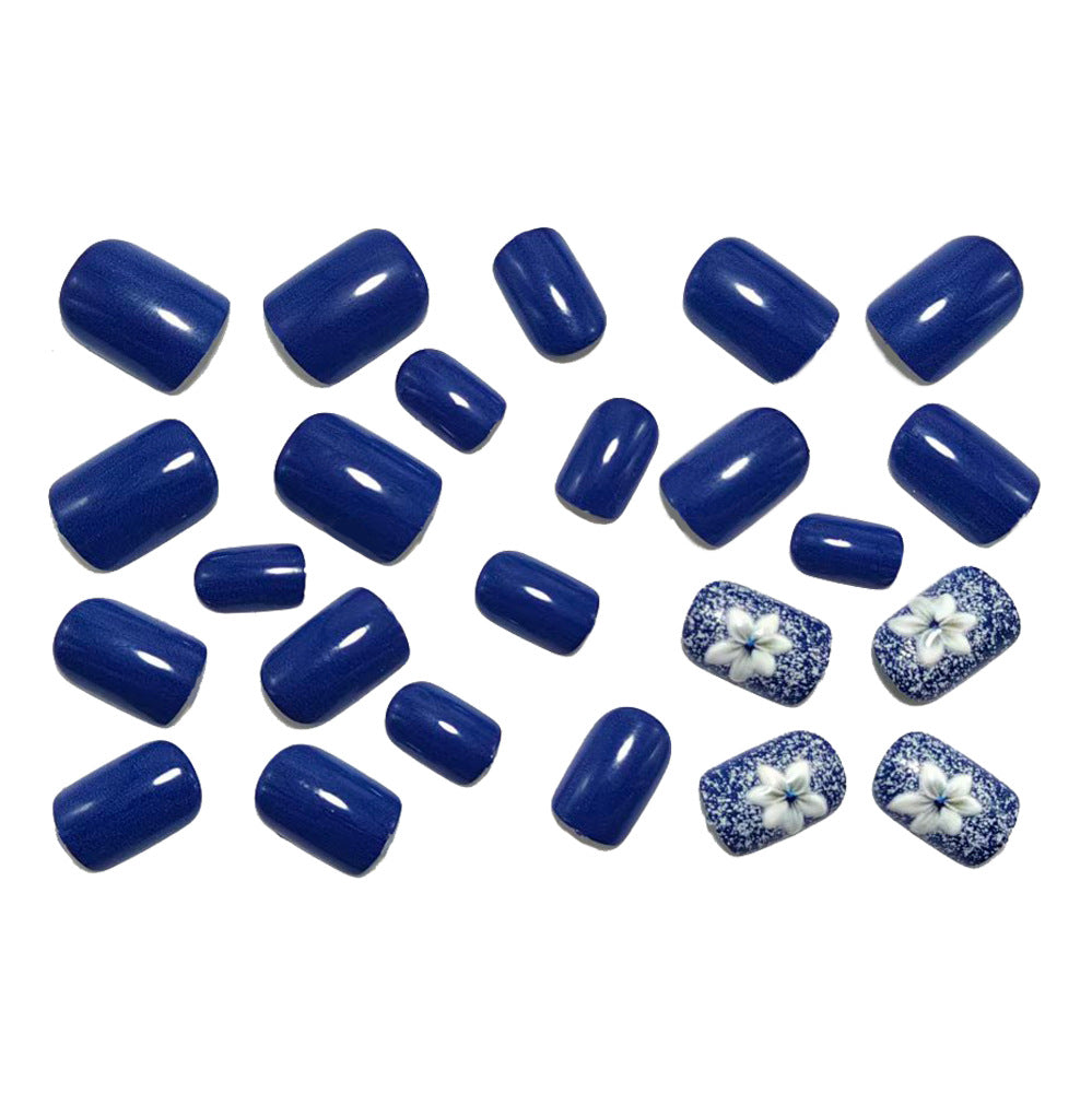 24pcs/Set Deep Blue Floral Press-On Nails