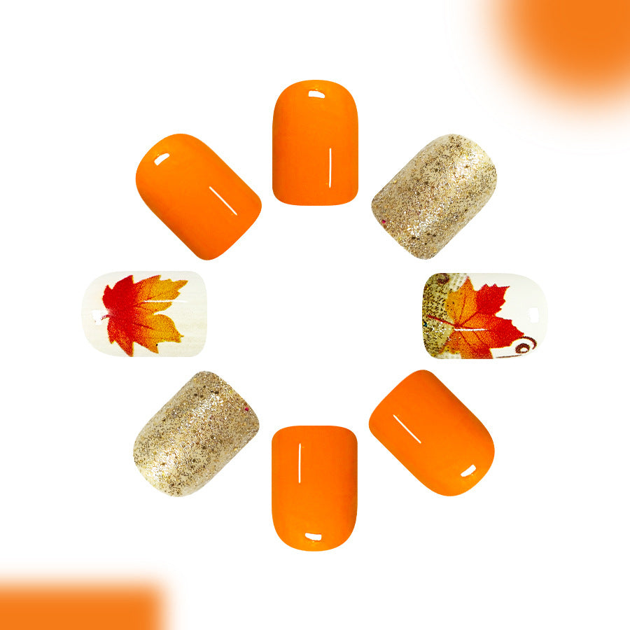 24pcs/Set Orange-Brown Pumpkin & Maple Leaves Press On Nails