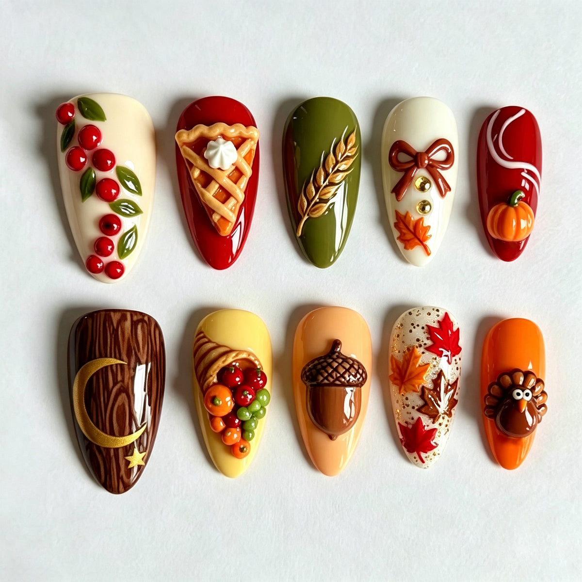 30pcs/Set 3D Turkey Pumpkin Press On Nails