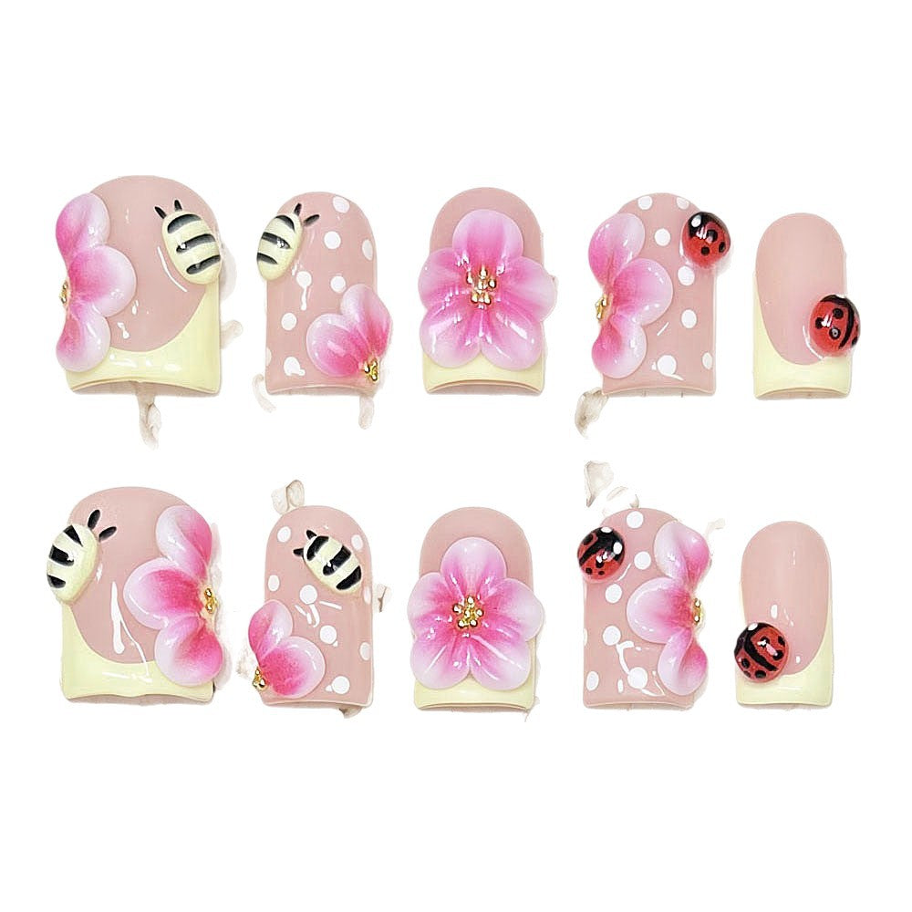 (Handmade) 10pcs/Set Yellow French 3D Pink Flower & Bumblebee Press-On Nails