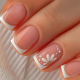 24pcs/Set White French Tip with White Flowers Press On Nails