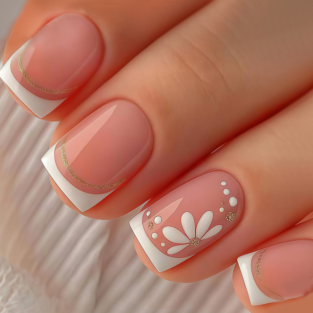 24pcs/Set White French Tip with White Flowers Press On Nails