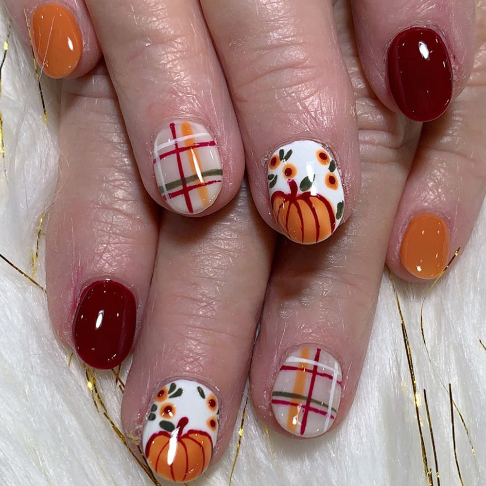 24pcs/Set Striped Pumpkin Floral Press On Nails