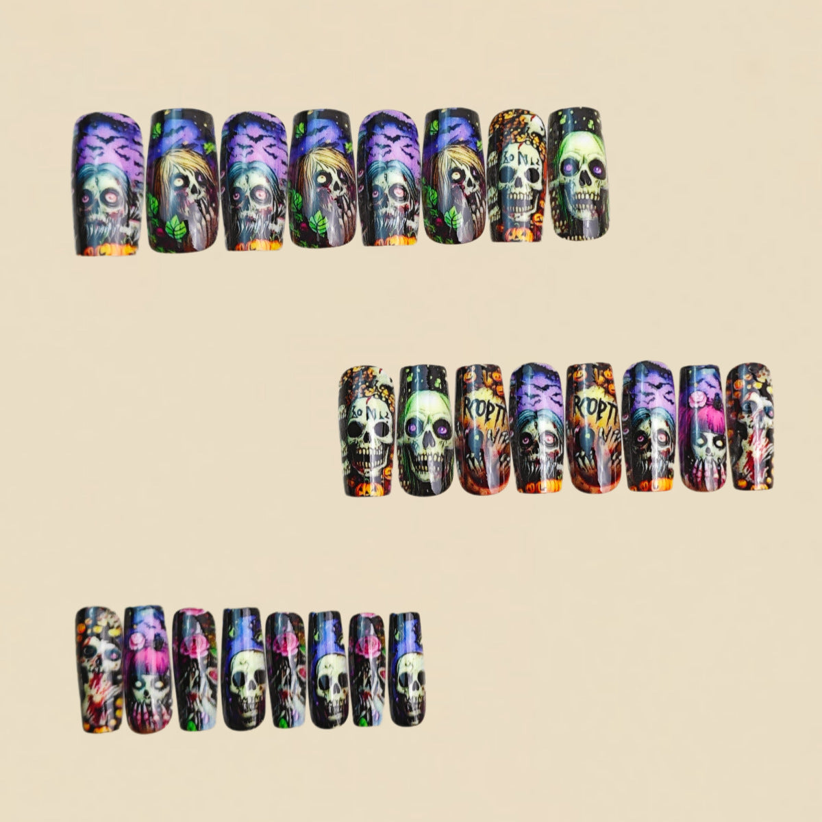 24pcs/Set Black Base Skull Pumpkin Press-On Nails
