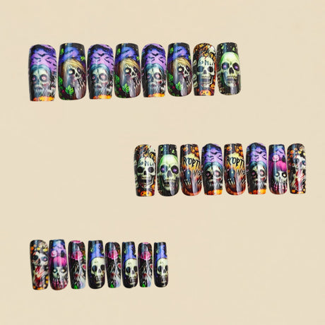 24pcs/Set Black Base Skull Pumpkin Press-On Nails