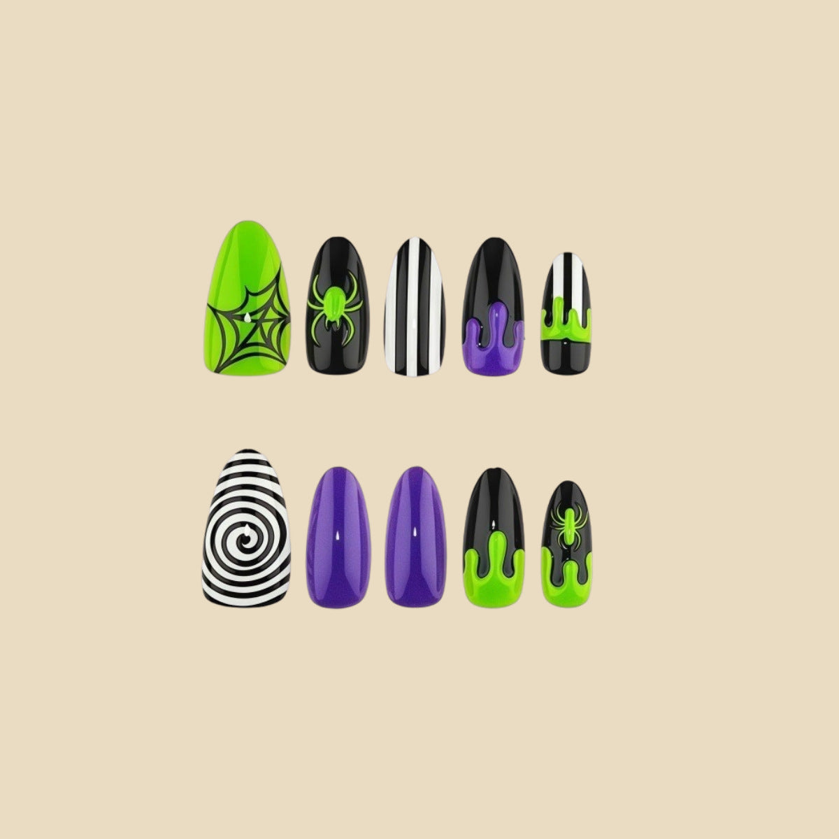 30pcs/Set Neon Green Halloween Spider Press On Nails