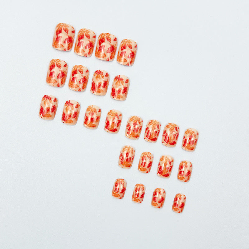 24pcs/Set Red Ombre Maple Leaves Press On Nails